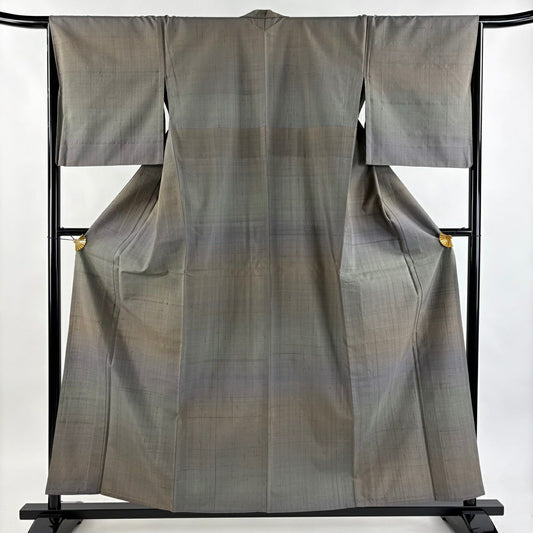 【美品】 小紋 身長158cm 袖長66.5cm M 單層 紬織織 漸層 灰綠 純蠶絲 優品級