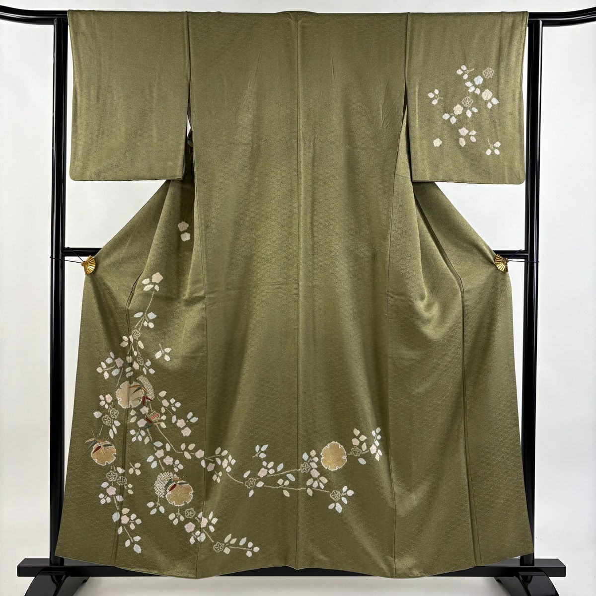 付下 身長157.5cm 袖長63cm S 雙層 雪輪 草花紋 金糸 絞染 茶綠 純蠶絲 秀品級
