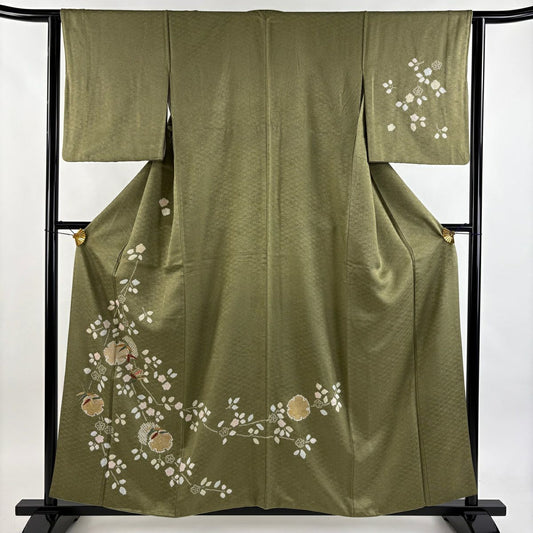 付下 身長157.5cm 袖長63cm S 雙層 雪輪 草花紋 金糸 絞染 茶綠 純蠶絲 秀品級