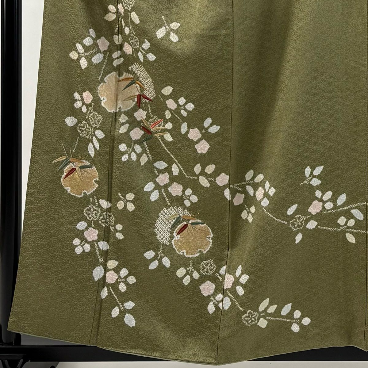 付下 身長157.5cm 袖長63cm S 雙層 雪輪 草花紋 金糸 絞染 茶綠 純蠶絲 秀品級