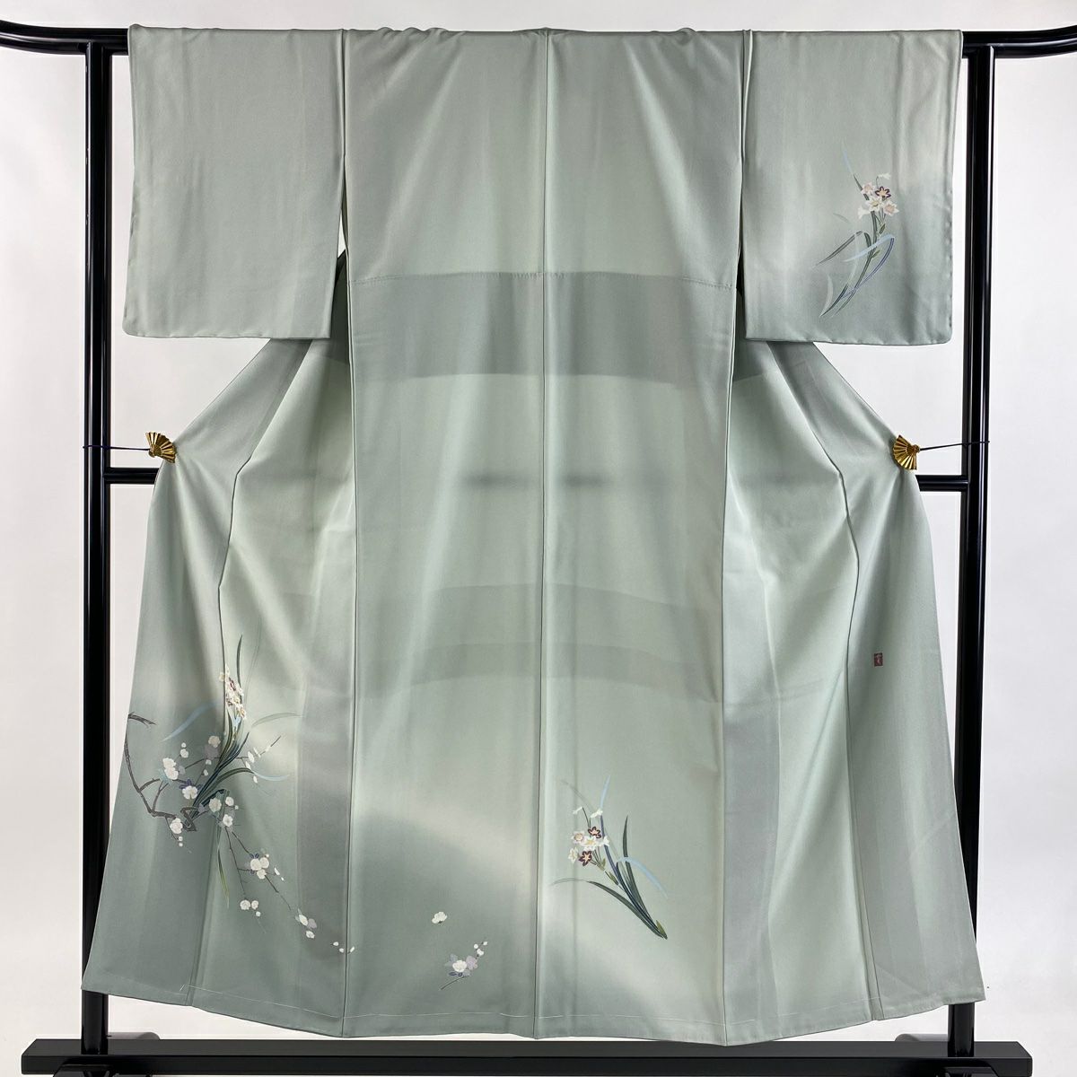 付下 身長153cm 袖長61cm S 雙層 落款 草花紋紋 枝花 漸層 薄綠 純蠶絲 秀品級