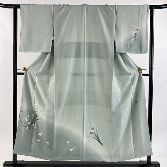 付下 身長153cm 袖長61cm S 雙層 落款 草花紋紋 枝花 漸層 薄綠 純蠶絲 秀品級