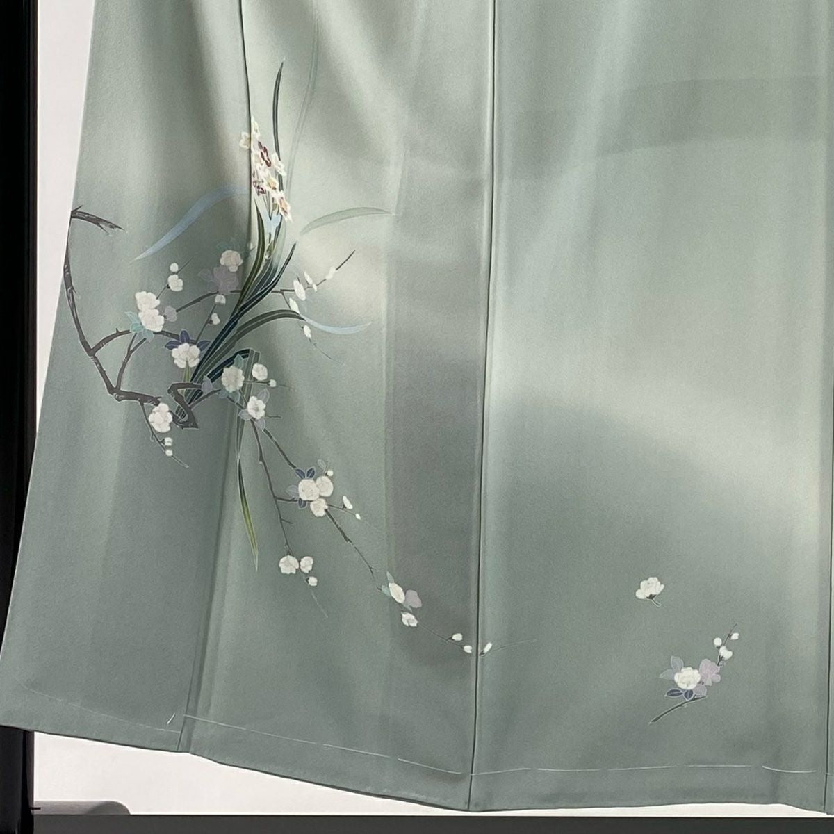 付下 身長153cm 袖長61cm S 雙層 落款 草花紋紋 枝花 漸層 薄綠 純蠶絲 秀品級