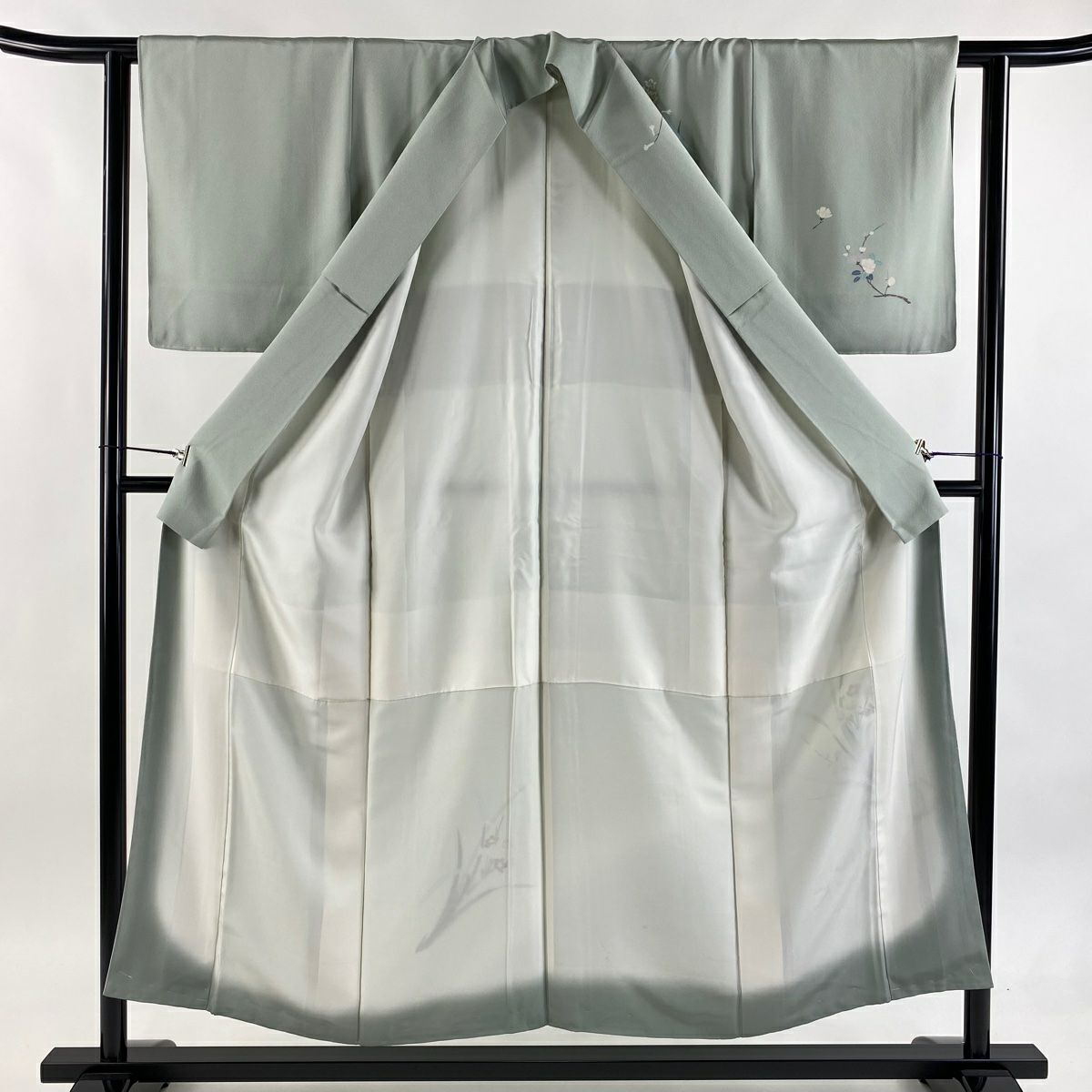 付下 身長153cm 袖長61cm S 雙層 落款 草花紋紋 枝花 漸層 薄綠 純蠶絲 秀品級