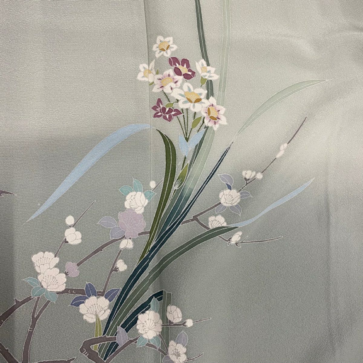 付下 身長153cm 袖長61cm S 雙層 落款 草花紋紋 枝花 漸層 薄綠 純蠶絲 秀品級