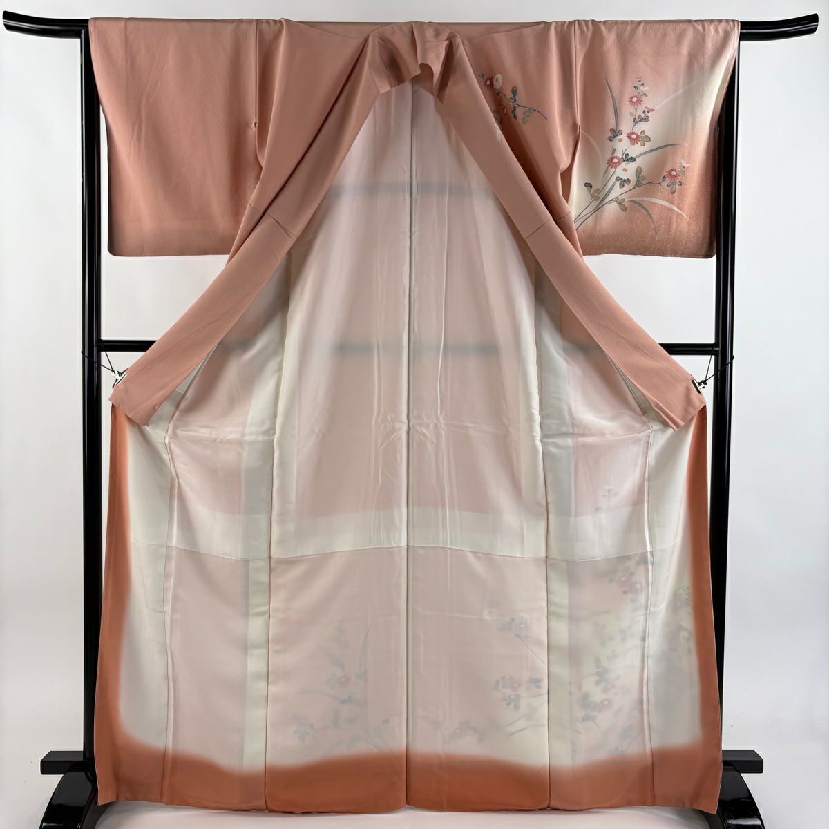 【美品】訪問服 身長168.5cm 袖長66cm M 雙層 菊花 萩 漸層 鮭粉色 純蠶絲 優品級