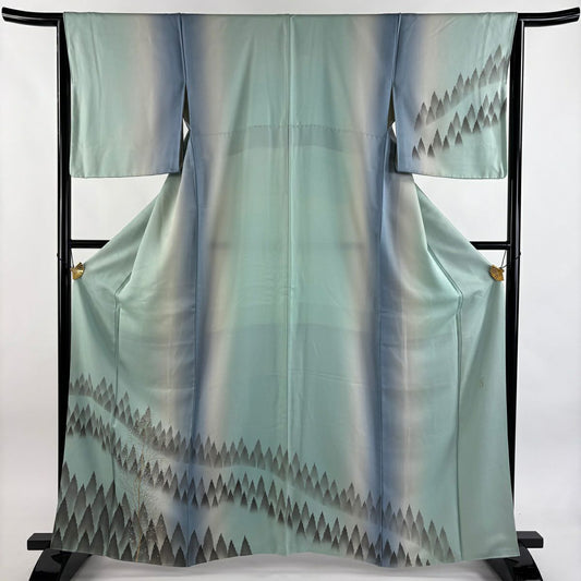 付下 身長163.5cm 袖長64.5cm M 雙層 落款 樹木 金彩裝飾 染分 水藍 純蠶絲 秀品級