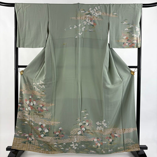 訪問服 身長161.5cm 袖長65.5cm M 雙層 牡丹 家屋 金銀彩 漸層 灰綠 純蠶絲 秀品級 一個紋