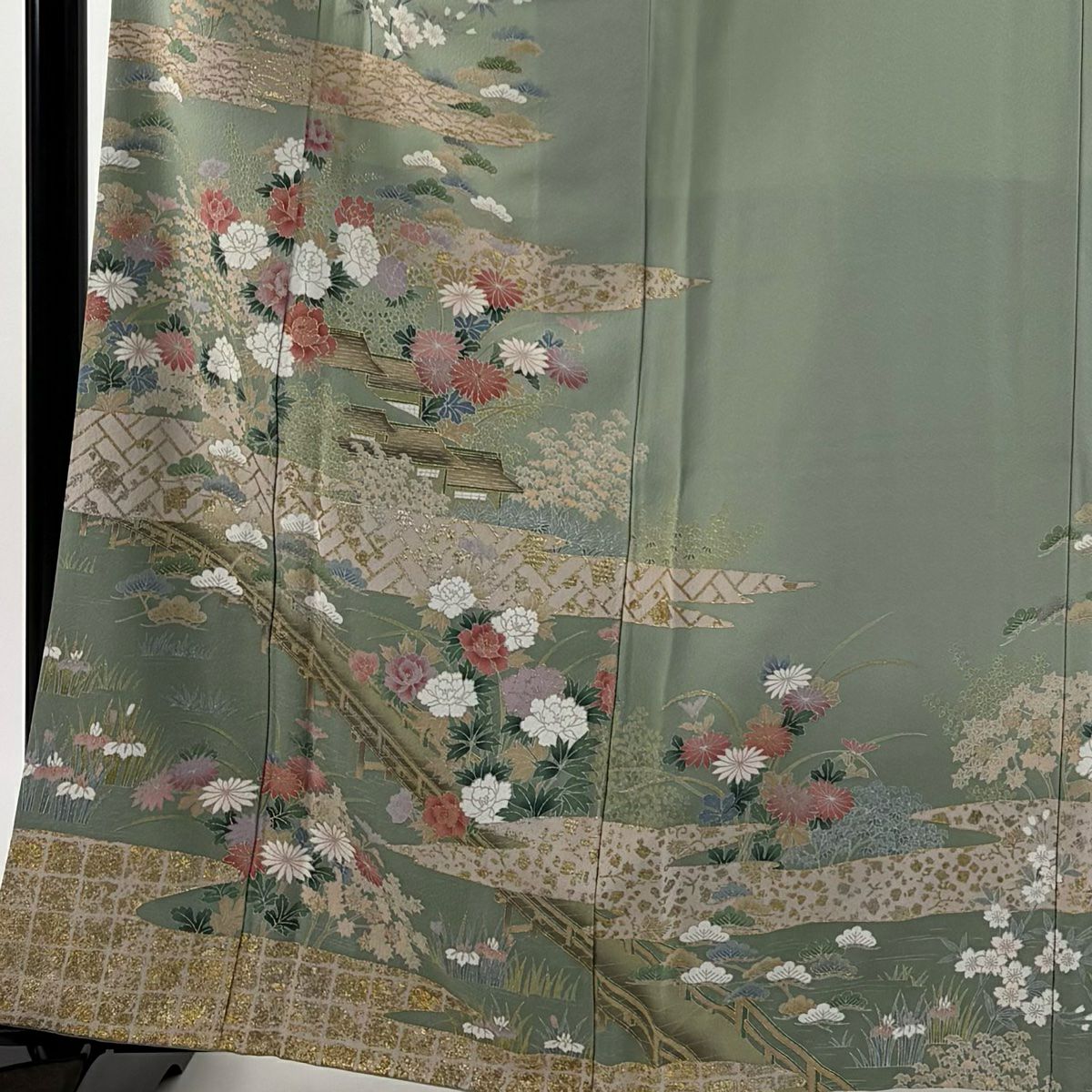 訪問服 身長161.5cm 袖長65.5cm M 雙層 牡丹 家屋 金銀彩 漸層 灰綠 純蠶絲 秀品級 一個紋