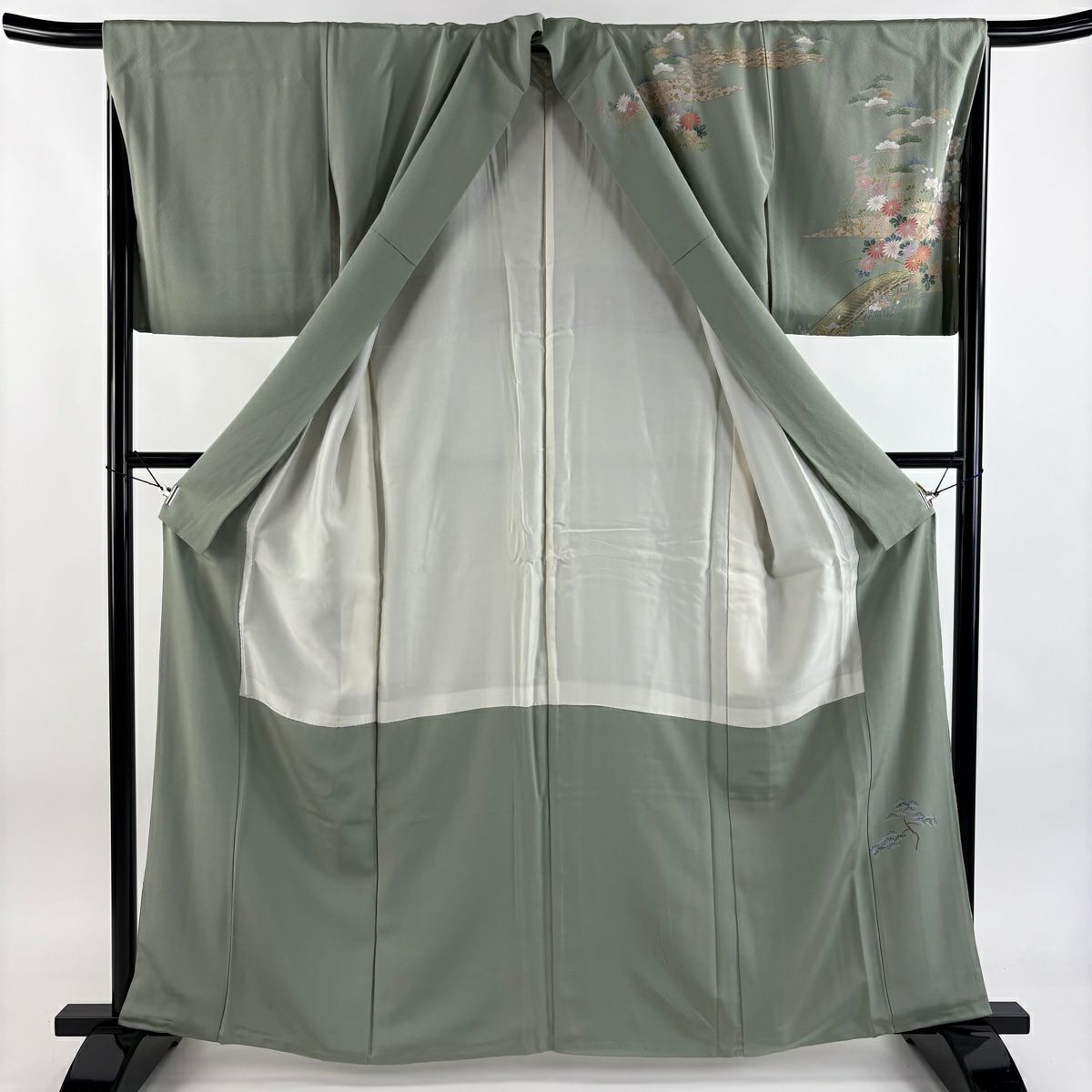 訪問服 身長161.5cm 袖長65.5cm M 雙層 牡丹 家屋 金銀彩 漸層 灰綠 純蠶絲 秀品級 一個紋