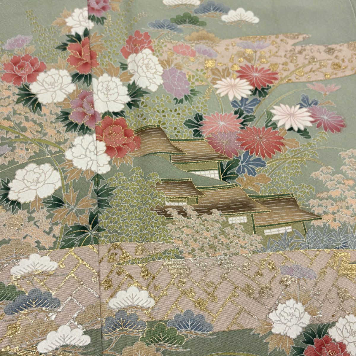 訪問服 身長161.5cm 袖長65.5cm M 雙層 牡丹 家屋 金銀彩 漸層 灰綠 純蠶絲 秀品級 一個紋