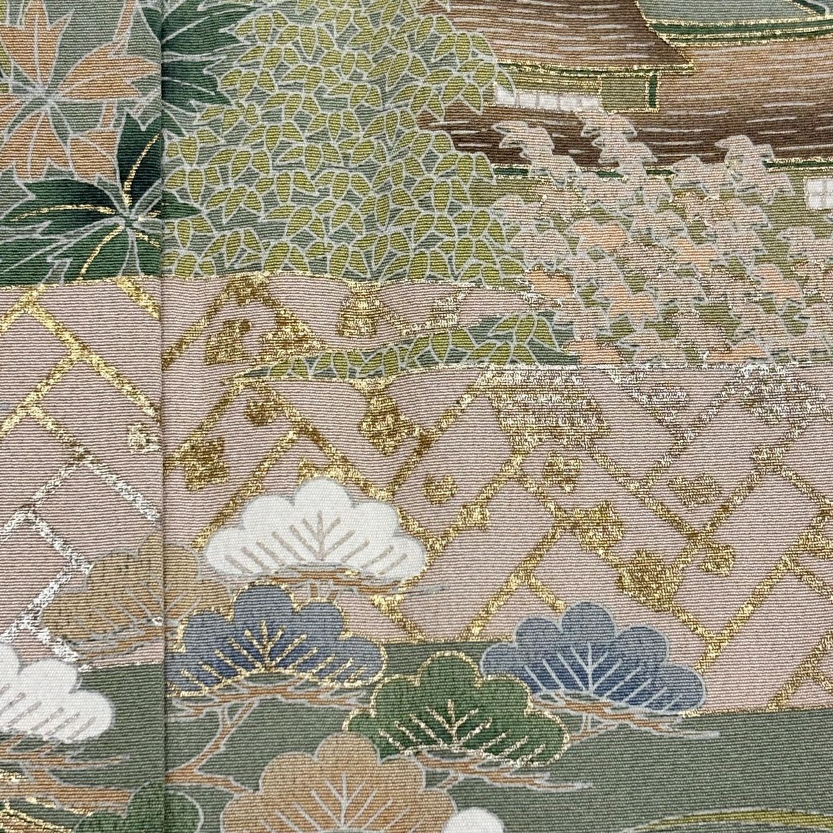 訪問服 身長161.5cm 袖長65.5cm M 雙層 牡丹 家屋 金銀彩 漸層 灰綠 純蠶絲 秀品級 一個紋