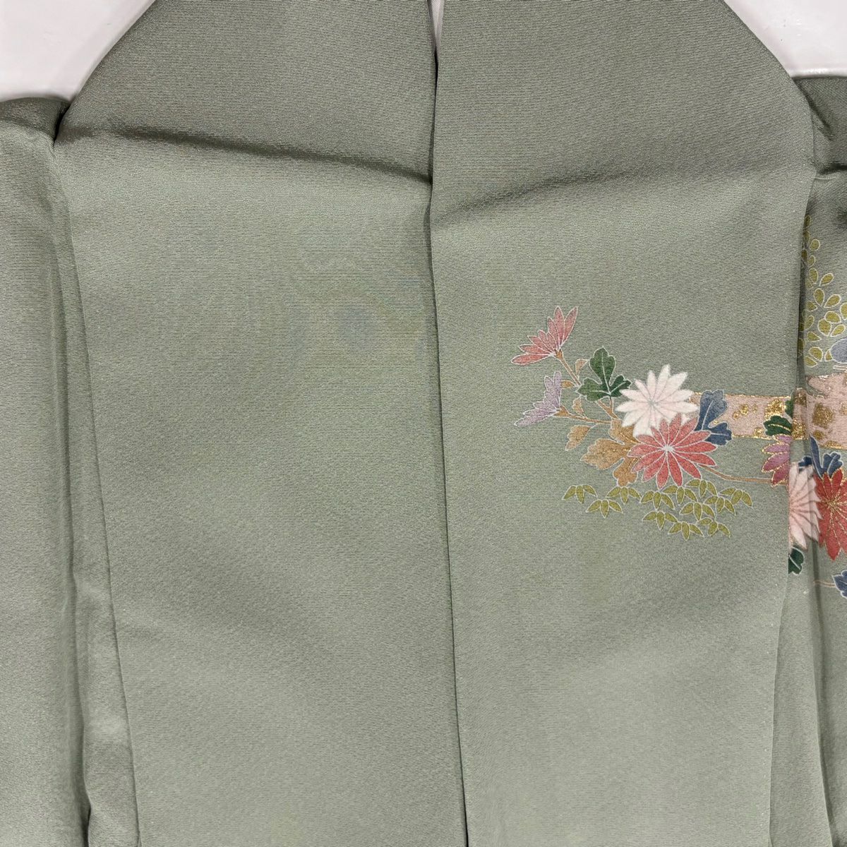 訪問服 身長161.5cm 袖長65.5cm M 雙層 牡丹 家屋 金銀彩 漸層 灰綠 純蠶絲 秀品級 一個紋