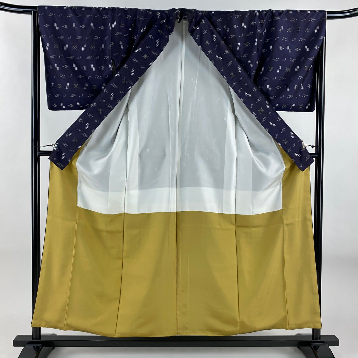 【美品】 紬織 身長156.5cm 袖長65cm M 雙層 流水 燕 深藍 純蠶絲 秀品級