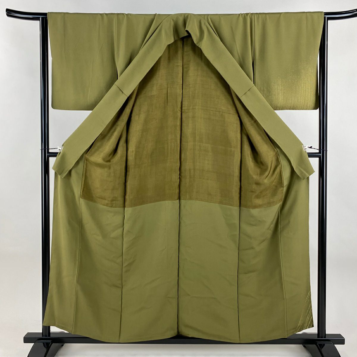 付下 身長157.5cm 袖長64cm M 雙層 條紋 金絲 鶯色 純蠶絲 優品級