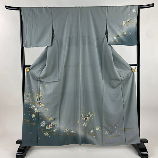 付下 身長162cm 袖長65.5cm M 雙層 草花紋紋 波 金銀彩 漸層 青灰 純蠶絲 優品級