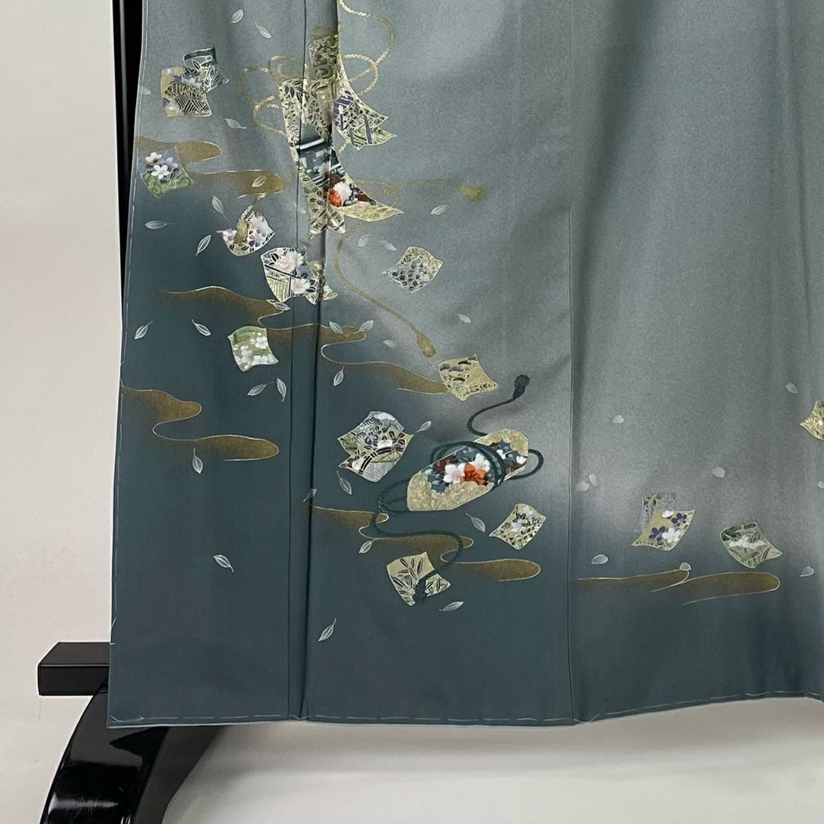 付下 身長162cm 袖長65.5cm M 雙層 草花紋紋 波 金銀彩 漸層 青灰 純蠶絲 優品級