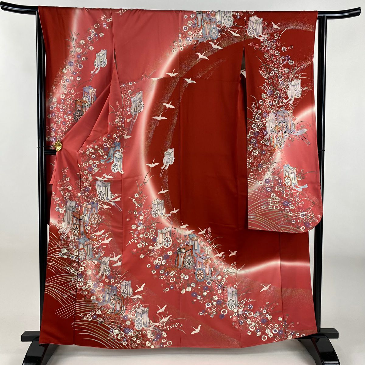 【美品】振袖禮服 身長163cm 袖長65cm M 雙層 御所車 波 金銀彩 粉紅 純蠶絲 秀品級