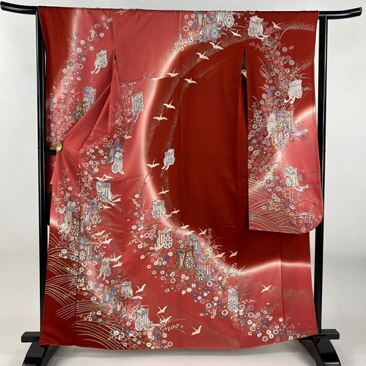 【美品】振袖禮服 身長163cm 袖長65cm M 雙層 御所車 波 金銀彩 粉紅 純蠶絲 秀品級