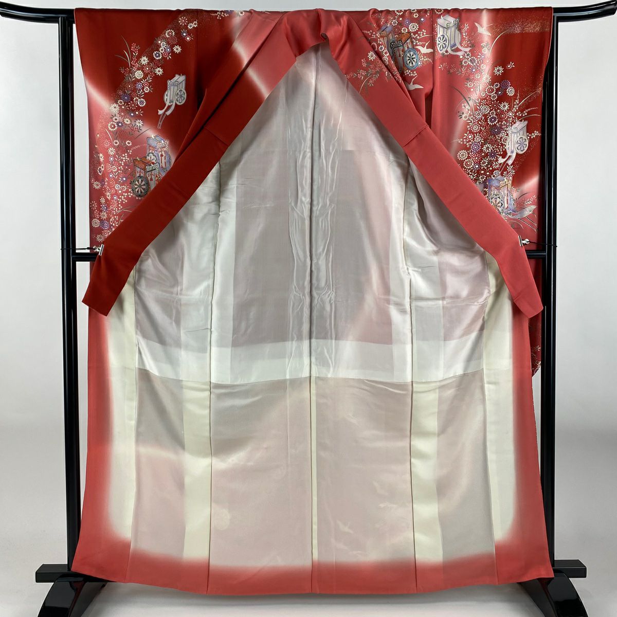 【美品】振袖禮服 身長163cm 袖長65cm M 雙層 御所車 波 金銀彩 粉紅 純蠶絲 秀品級