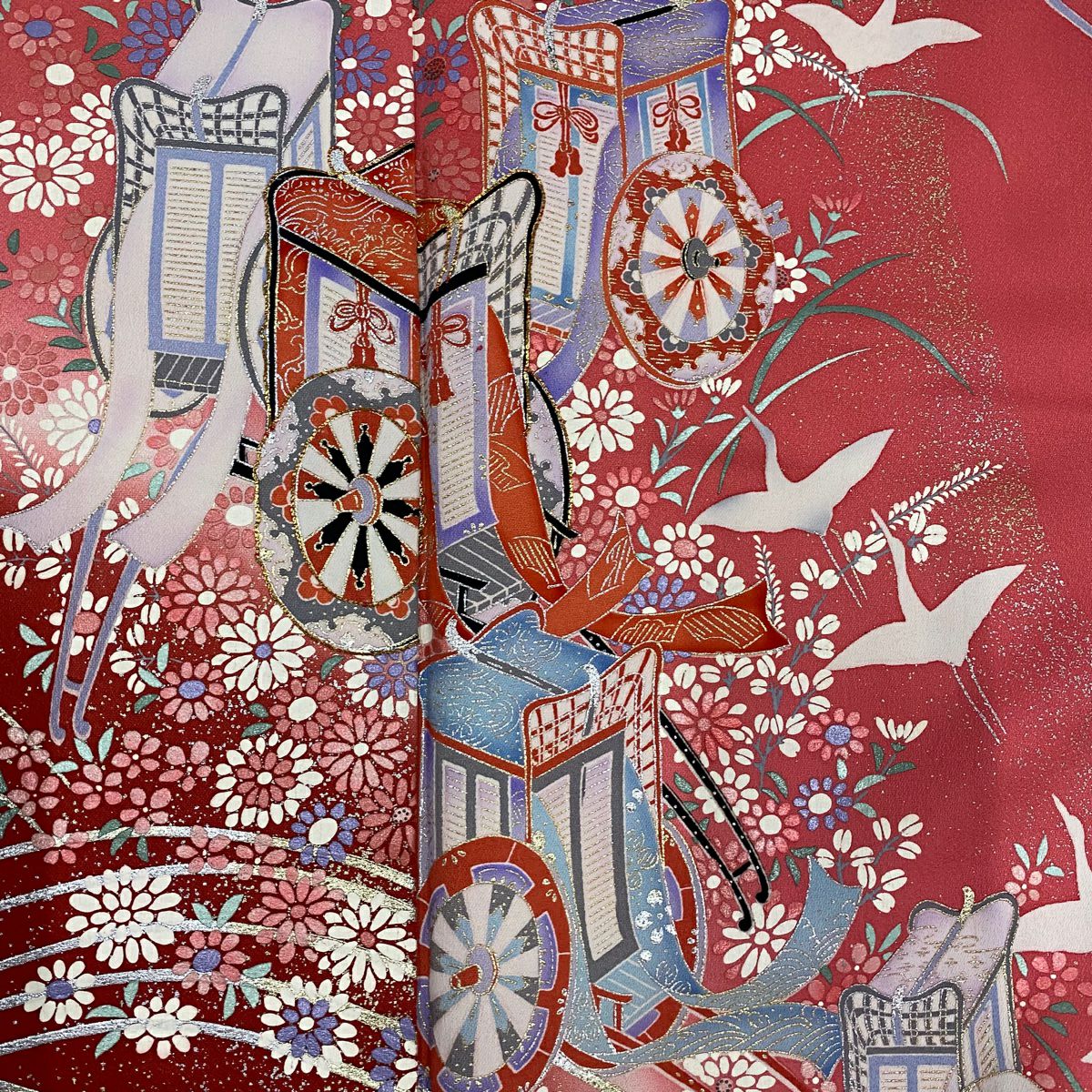 【美品】振袖禮服 身長163cm 袖長65cm M 雙層 御所車 波 金銀彩 粉紅 純蠶絲 秀品級
