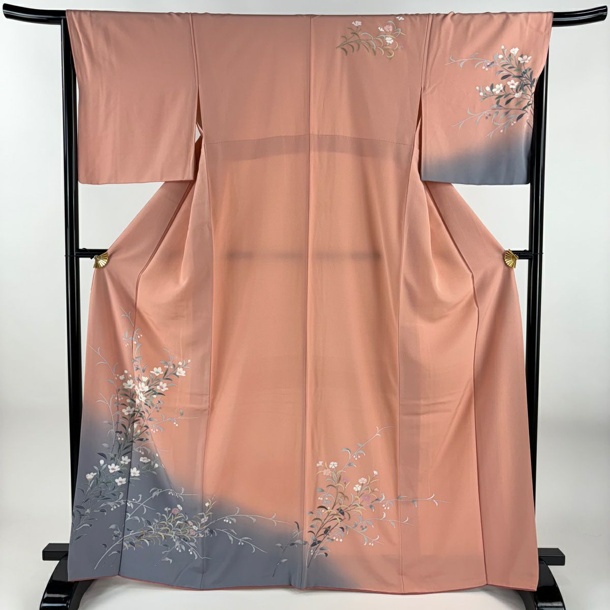 【美品】訪問服 身長166cm 袖長66cm M 雙層 草花紋紋 裾暈染 粉紅 純蠶絲 優品級
