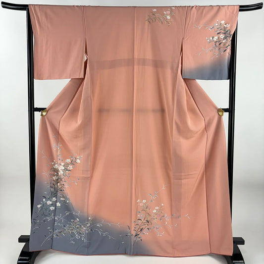 【美品】訪問服 身長166cm 袖長66cm M 雙層 草花紋紋 裾暈染 粉紅 純蠶絲 優品級