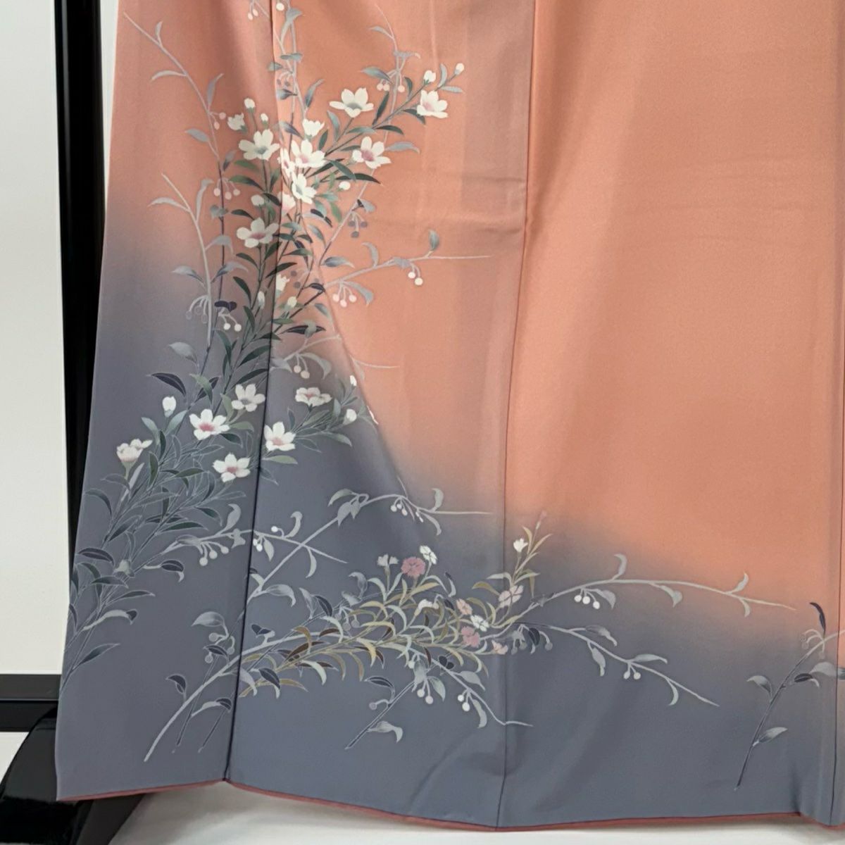 【美品】訪問服 身長166cm 袖長66cm M 雙層 草花紋紋 裾暈染 粉紅 純蠶絲 優品級