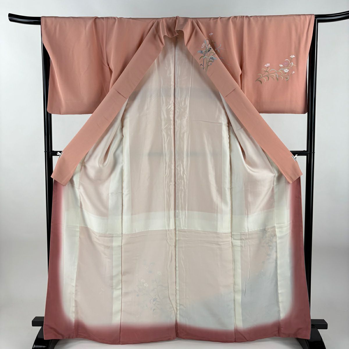 【美品】訪問服 身長166cm 袖長66cm M 雙層 草花紋紋 裾暈染 粉紅 純蠶絲 優品級