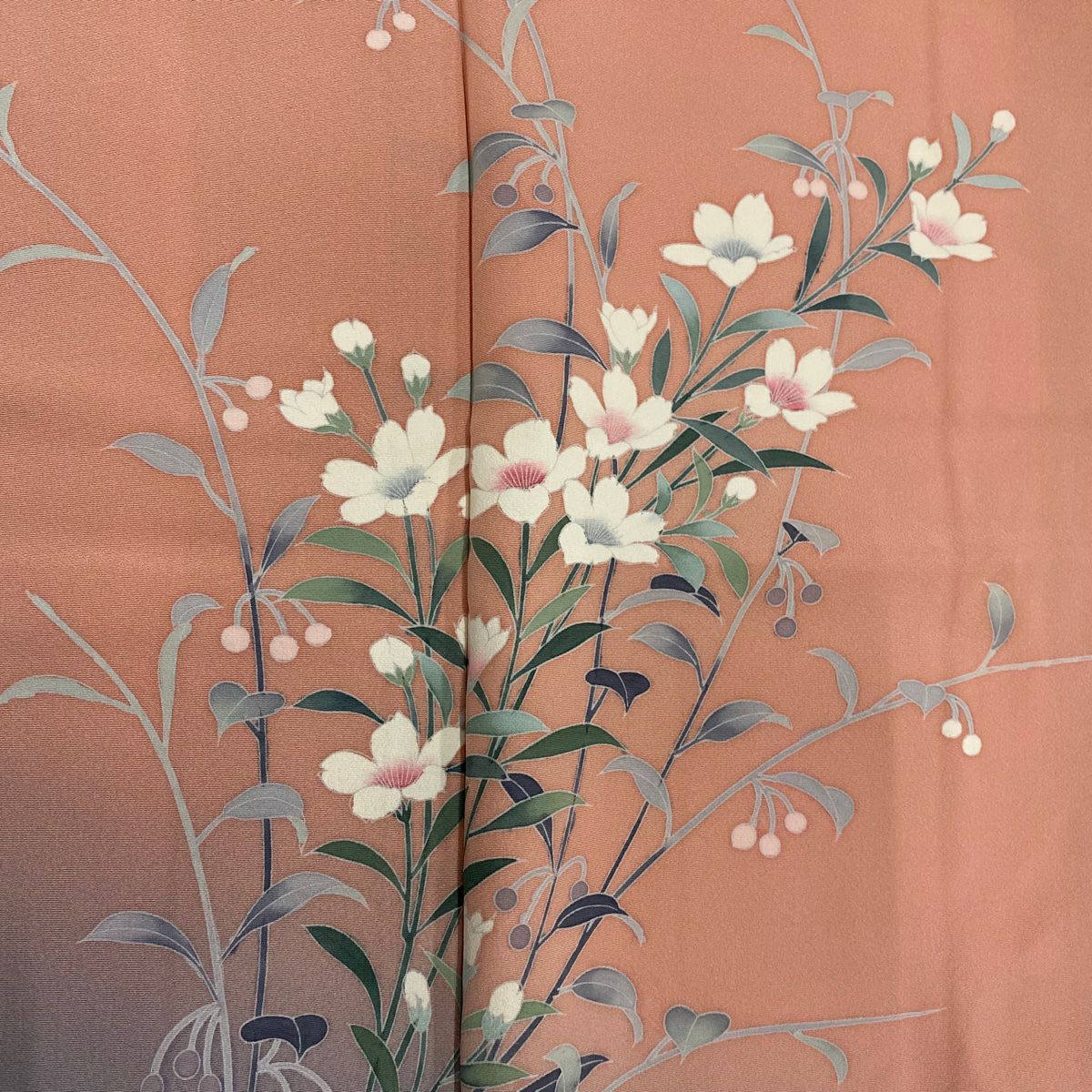 【美品】訪問服 身長166cm 袖長66cm M 雙層 草花紋紋 裾暈染 粉紅 純蠶絲 優品級