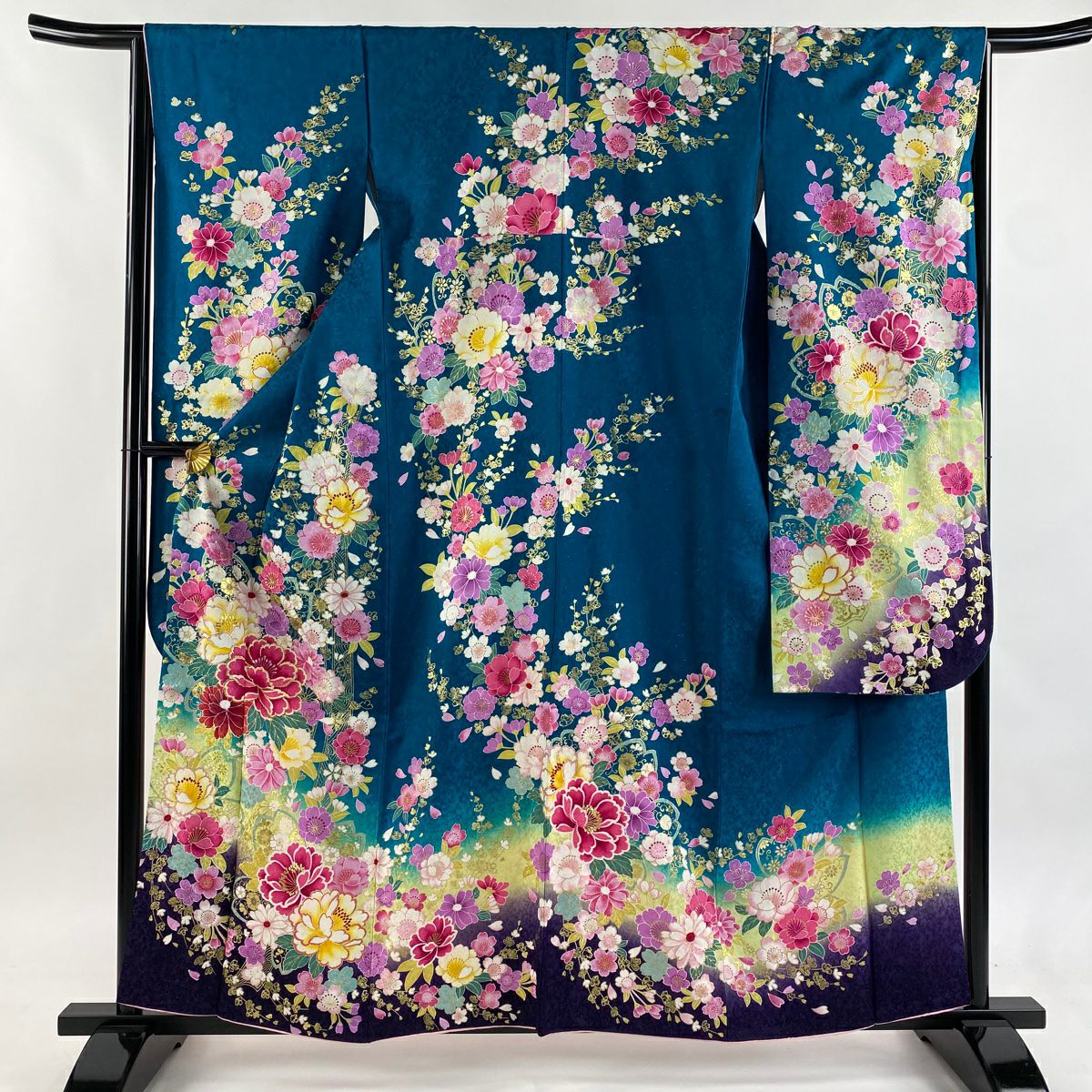 【美品】振袖禮服 身長159.5cm 袖長65cm M 雙層 牡丹 櫻花 銀通金銀彩 青綠 純蠶絲 逸品級