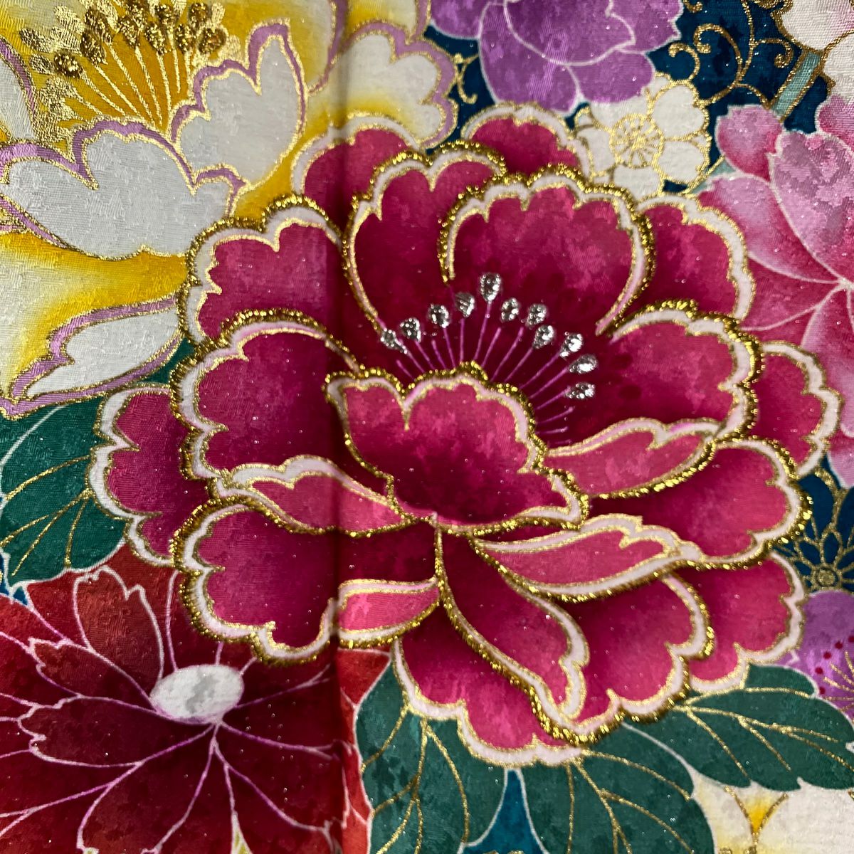 【美品】振袖禮服 身長159.5cm 袖長65cm M 雙層 牡丹 櫻花 銀通金銀彩 青綠 純蠶絲 逸品級