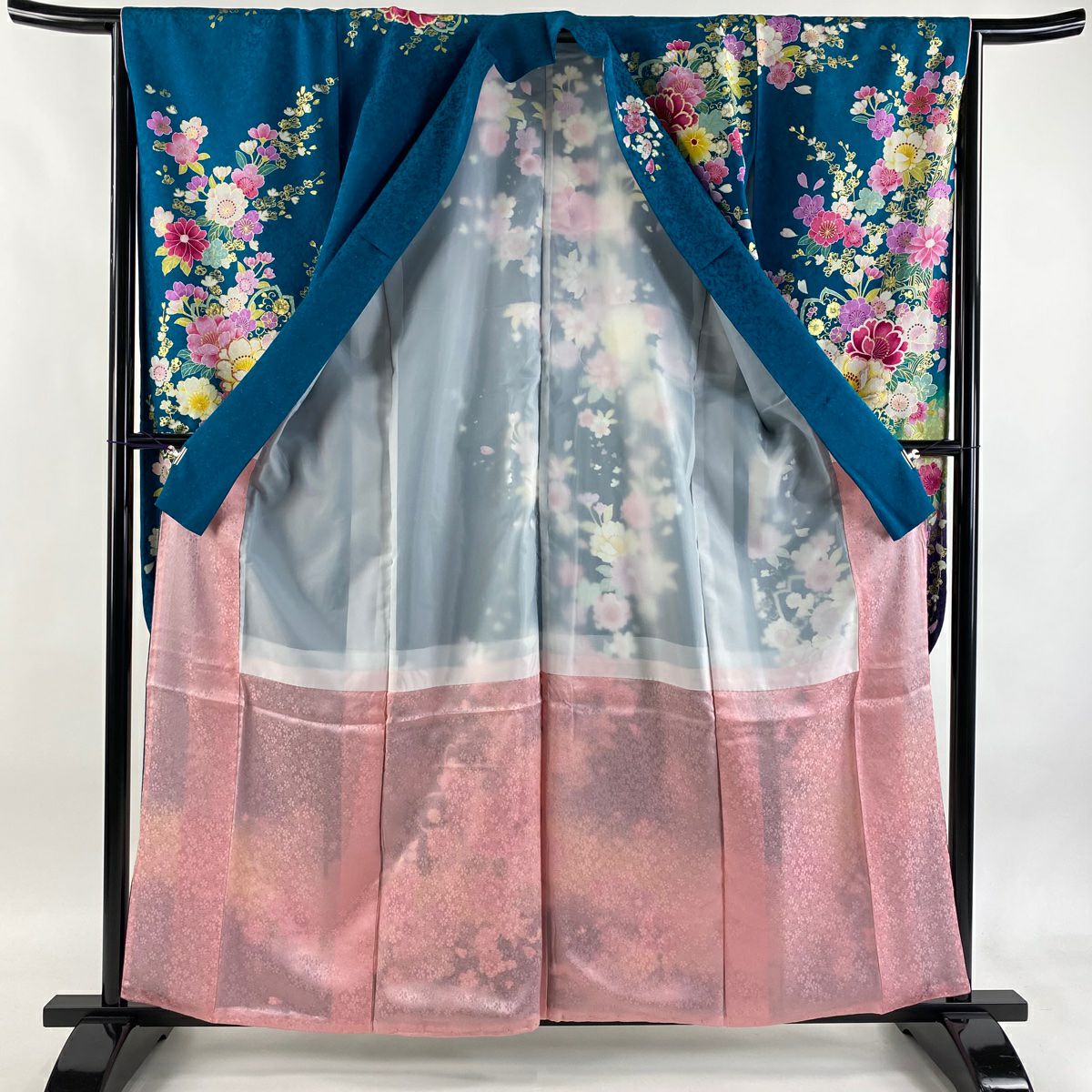 【美品】振袖禮服 身長159.5cm 袖長65cm M 雙層 牡丹 櫻花 銀通金銀彩 青綠 純蠶絲 逸品級