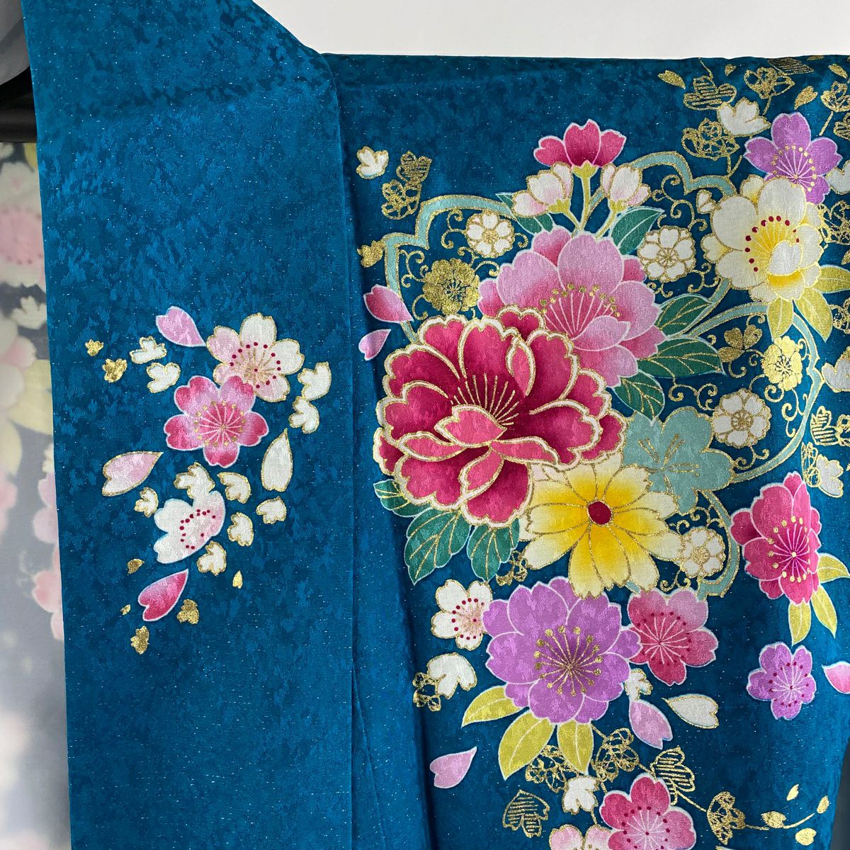 【美品】振袖禮服 身長159.5cm 袖長65cm M 雙層 牡丹 櫻花 銀通金銀彩 青綠 純蠶絲 逸品級