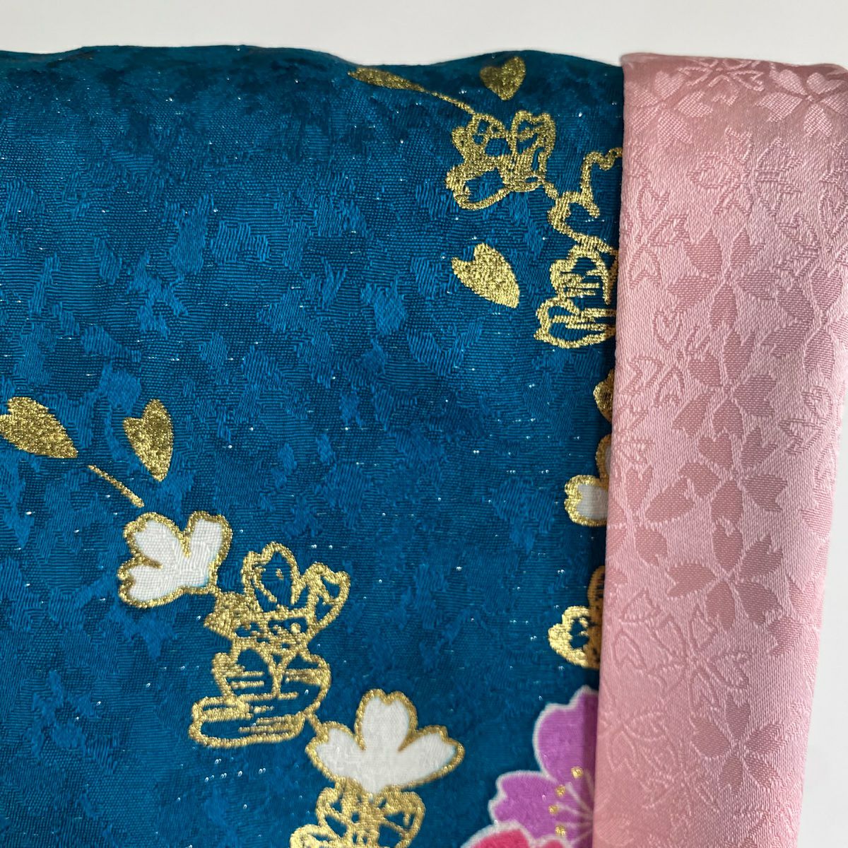 【美品】振袖禮服 身長159.5cm 袖長65cm M 雙層 牡丹 櫻花 銀通金銀彩 青綠 純蠶絲 逸品級