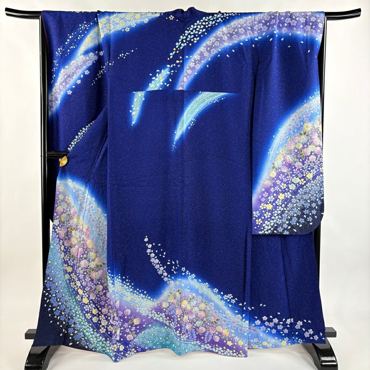 【美品】振袖禮服 身長163cm 袖長66cm M 雙層 大和 草花紋紋 櫻花 銀通 金銀彩 藍色 純蠶絲 逸品級