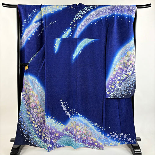 【美品】振袖禮服 身長163cm 袖長66cm M 雙層 大和 草花紋紋 櫻花 銀通 金銀彩 藍色 純蠶絲 逸品級