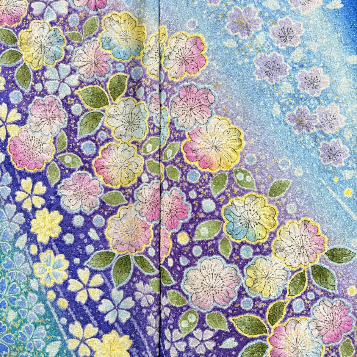【美品】振袖禮服 身長163cm 袖長66cm M 雙層 大和 草花紋紋 櫻花 銀通 金銀彩 藍色 純蠶絲 逸品級