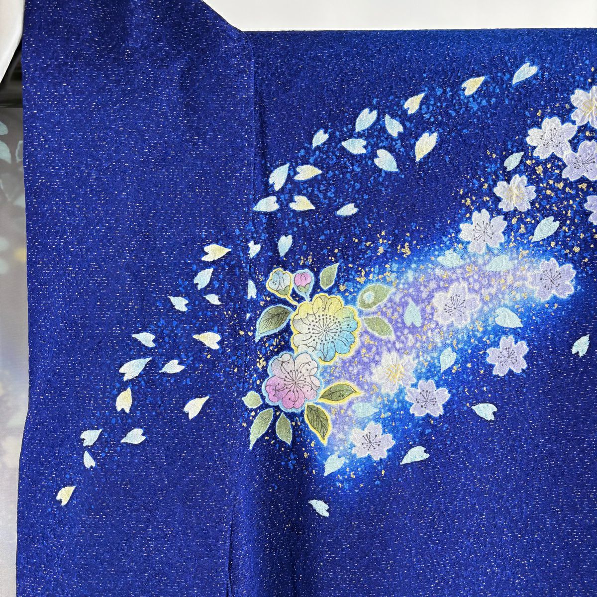 【美品】振袖禮服 身長163cm 袖長66cm M 雙層 大和 草花紋紋 櫻花 銀通 金銀彩 藍色 純蠶絲 逸品級