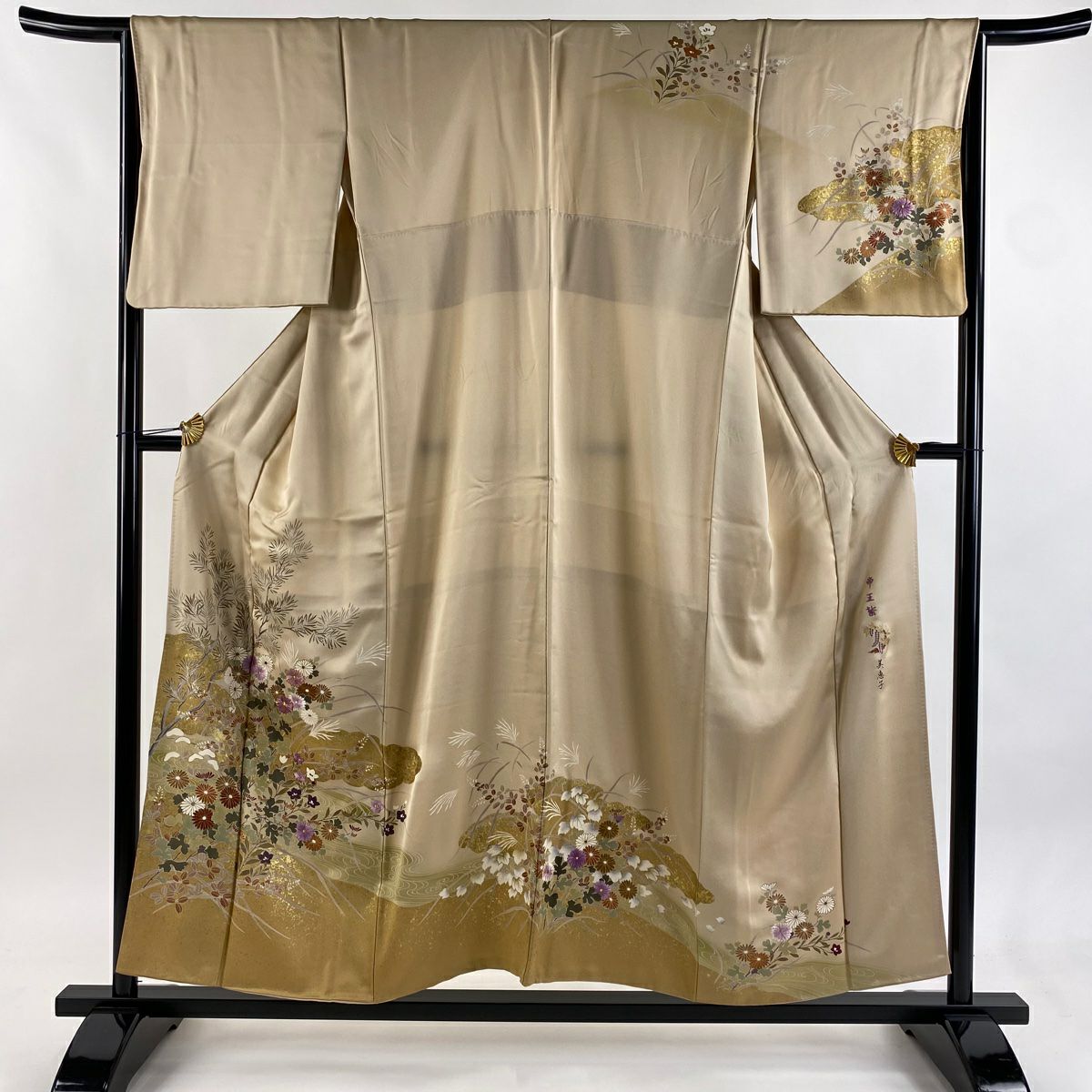 訪問服 身長154cm 袖長64.5cm M 雙層 帝王紫 落款 菊花 萩 金彩裝飾 刺繡 米色 純蠶絲 逸品級
