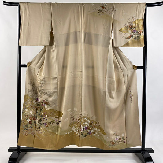 訪問服 身長154cm 袖長64.5cm M 雙層 帝王紫 落款 菊花 萩 金彩裝飾 刺繡 米色 純蠶絲 逸品級