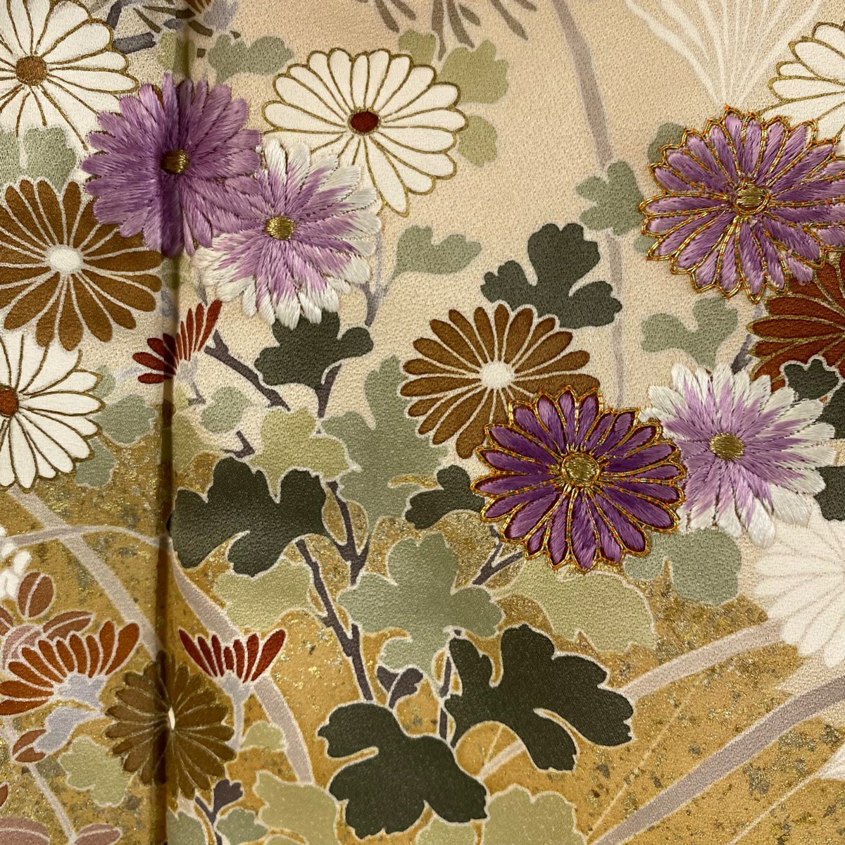 訪問服 身長154cm 袖長64.5cm M 雙層 帝王紫 落款 菊花 萩 金彩裝飾 刺繡 米色 純蠶絲 逸品級