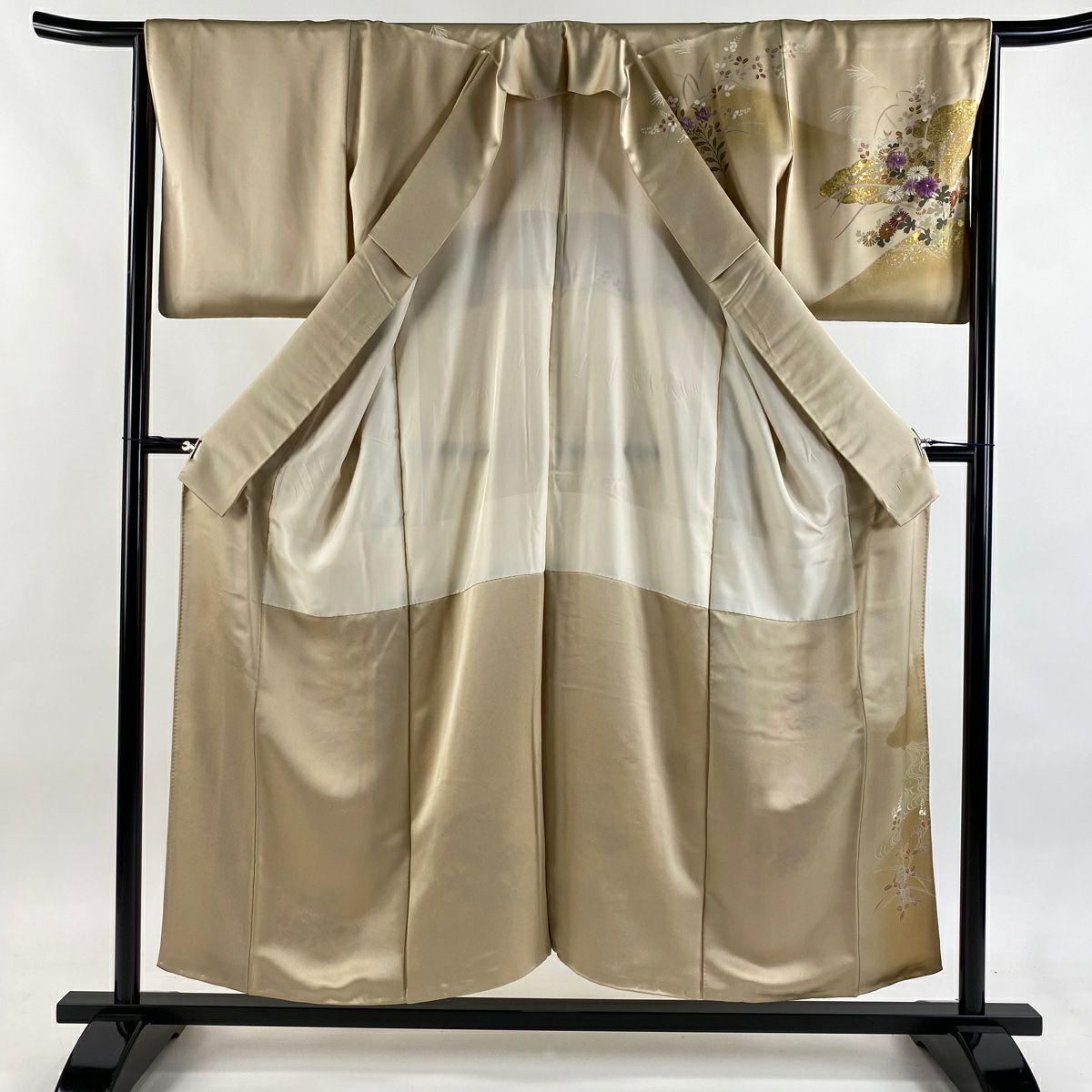 訪問服 身長154cm 袖長64.5cm M 雙層 帝王紫 落款 菊花 萩 金彩裝飾 刺繡 米色 純蠶絲 逸品級