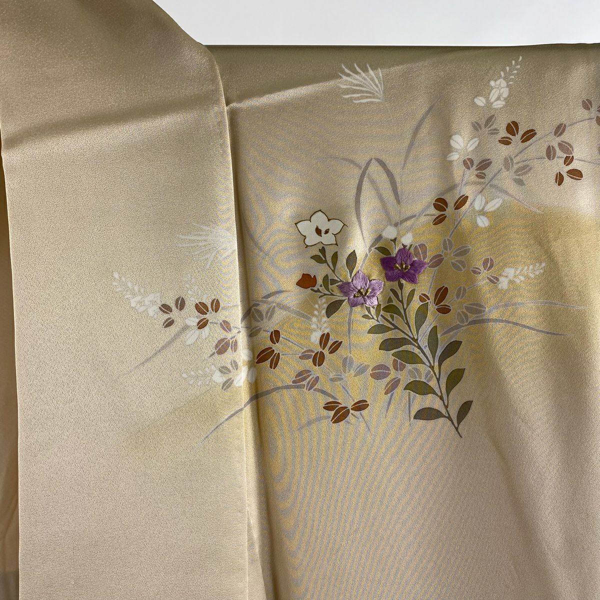 訪問服 身長154cm 袖長64.5cm M 雙層 帝王紫 落款 菊花 萩 金彩裝飾 刺繡 米色 純蠶絲 逸品級