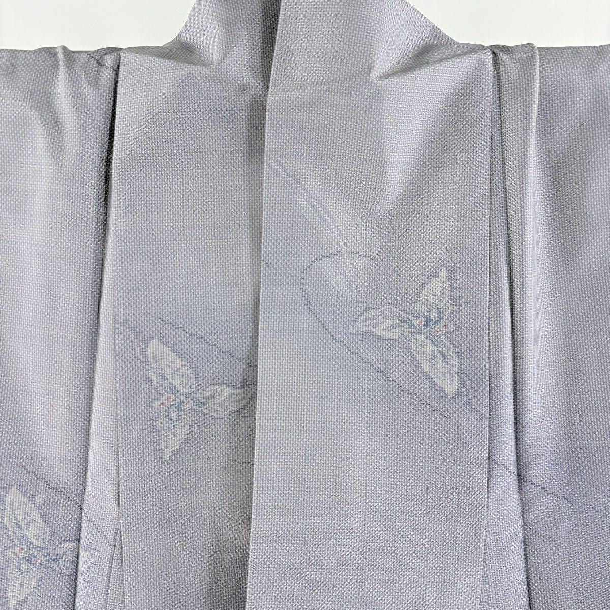 大島紬織 身長159.5cm 袖長65cm M 雙層 都喜ヱ門 有落款 有證書 葉 草花紋紋 灰紫 純蠶絲 逸品級