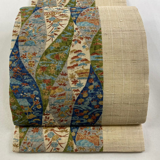 【美品】 開口名古屋帶 逸品級 家屋 草花紋 淺米色 純蠶絲