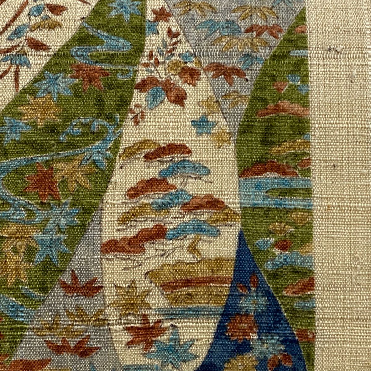 【美品】 開口名古屋帶 逸品級 家屋 草花紋 淺米色 純蠶絲