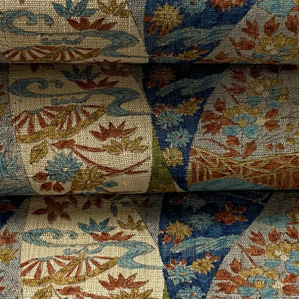 【美品】 開口名古屋帶 逸品級 家屋 草花紋 淺米色 純蠶絲