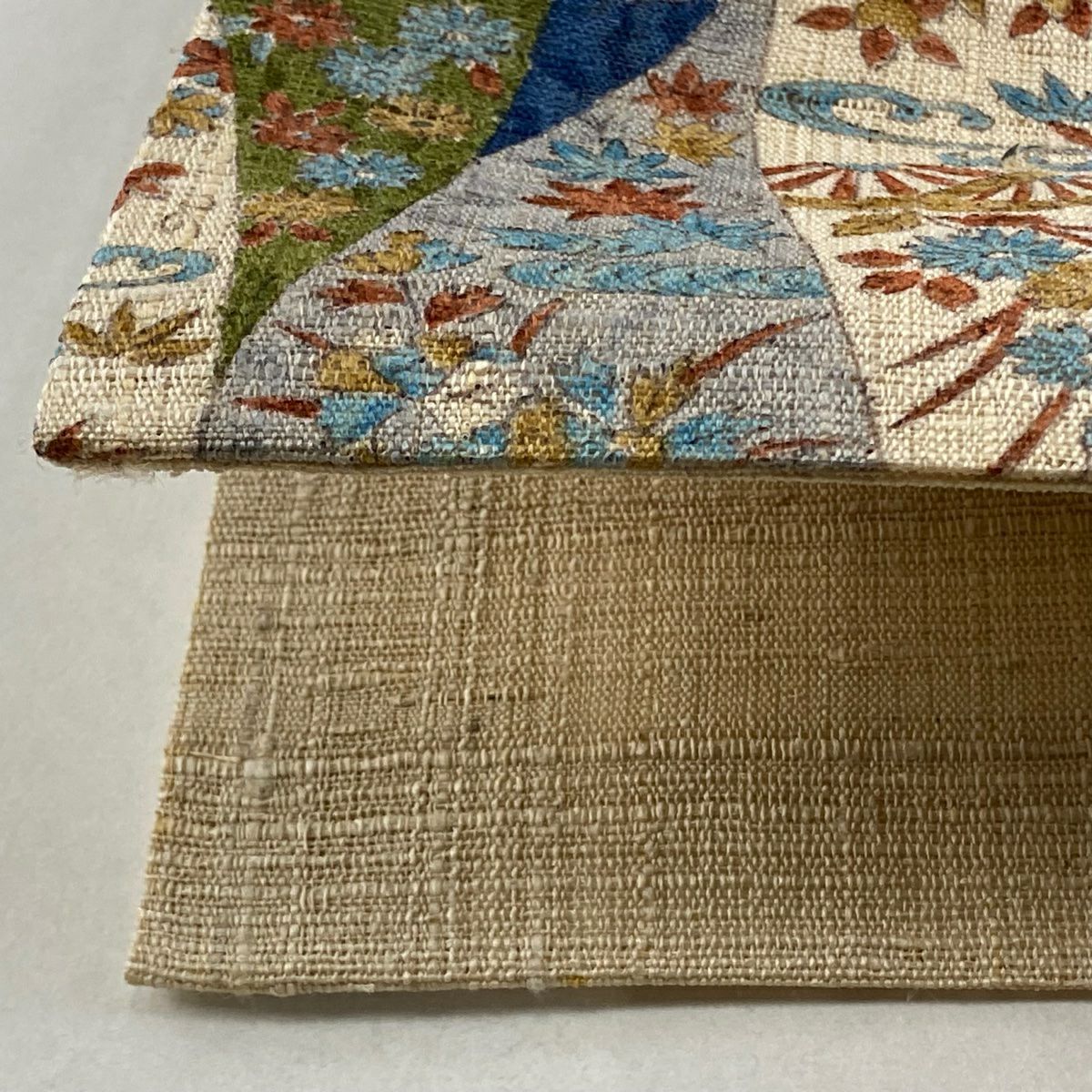 【美品】 開口名古屋帶 逸品級 家屋 草花紋 淺米色 純蠶絲