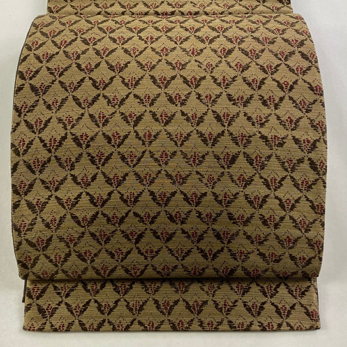 【美品】 袋帶 逸品級 黃金穆卡 幾何圖案 茶 全通 純蠶絲